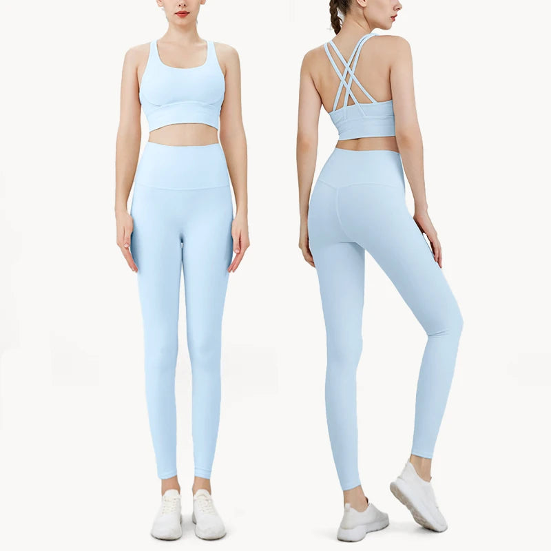 Summer Women’s 2 Piece Yoga Set – Cross Back Sports Bra & High Waist Leggings, Breathable Nylon Gym Workout Outfit