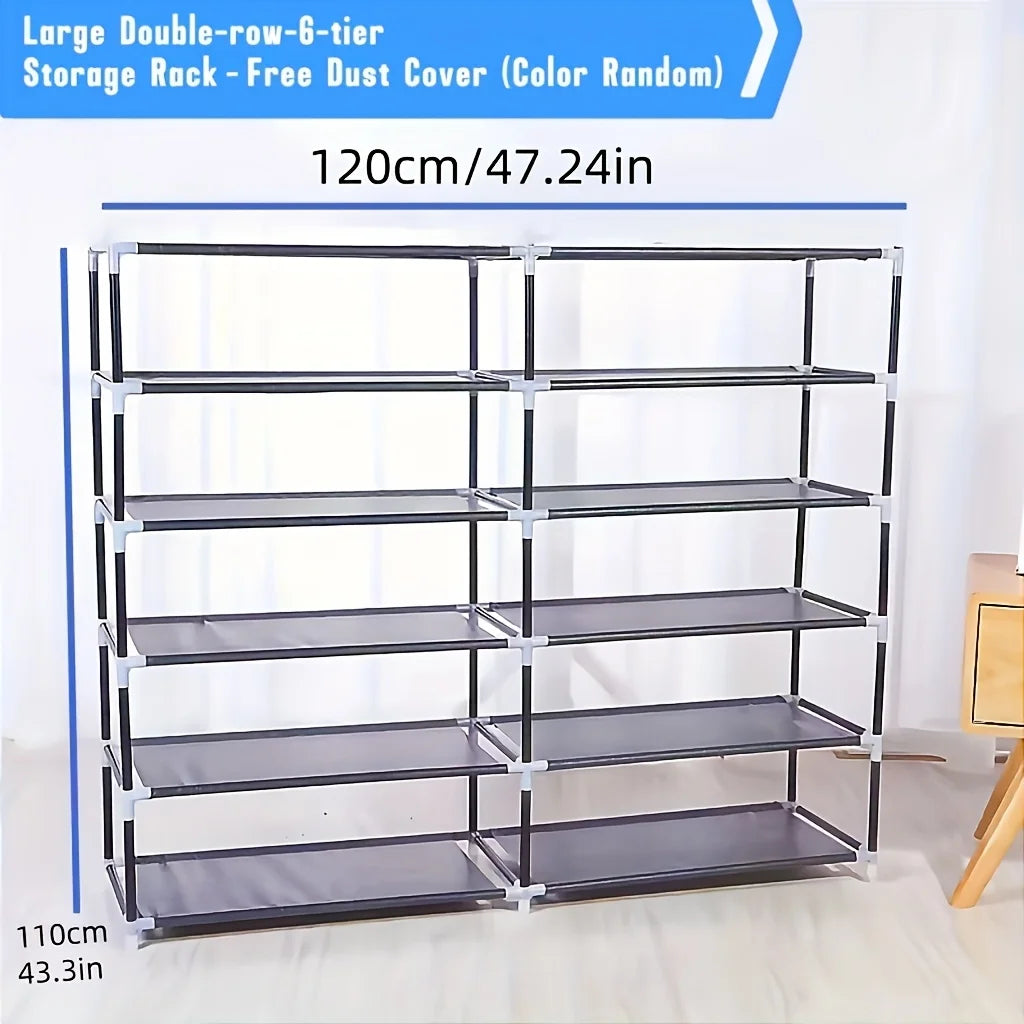 6-layer double row shoe rack with dust cover, easy to assemble and store shoes, black plastic design, 12 grid storage rack