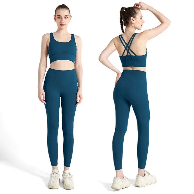 Summer Women’s 2 Piece Yoga Set – Cross Back Sports Bra & High Waist Leggings, Breathable Nylon Gym Workout Outfit