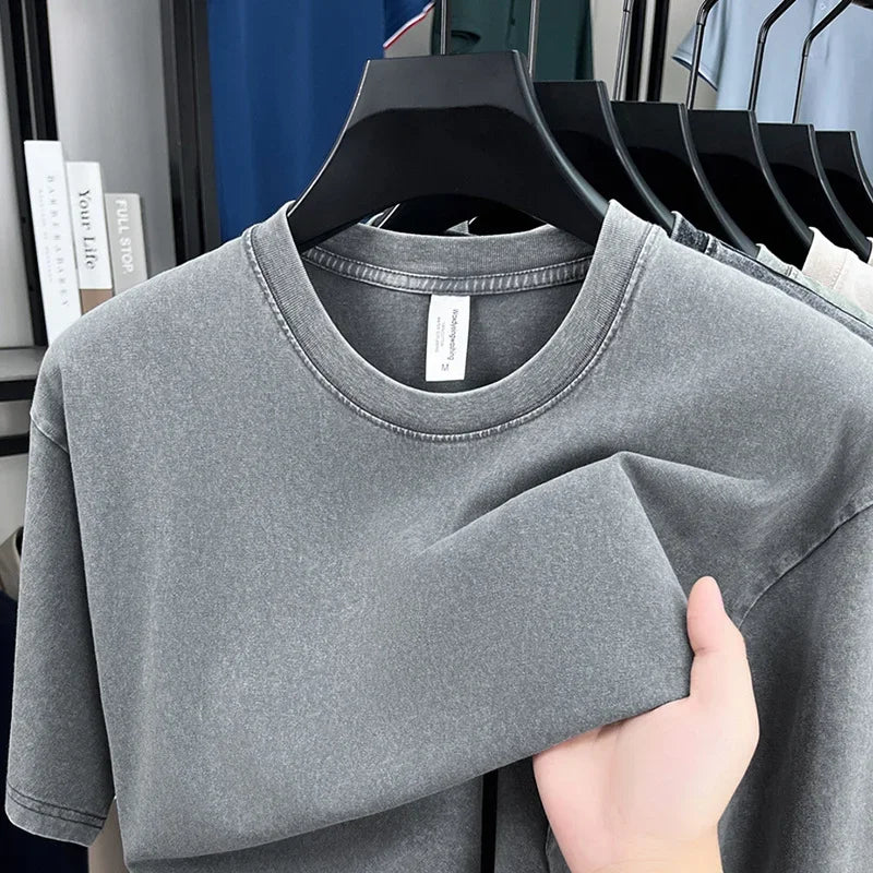 American Style Retro Heavyweight Short Sleeve T-Shirt – Oversized Washed Solid Color Summer Streetwear for Men & Women