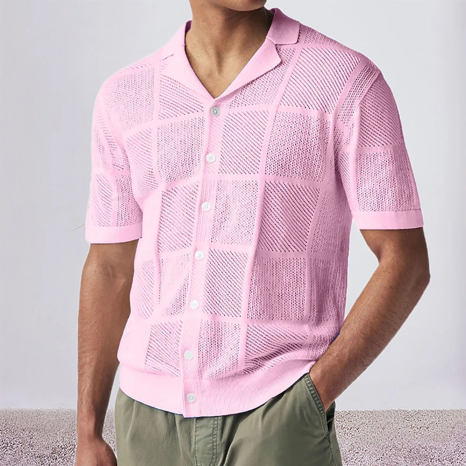 Summer Men'S Knit Cardigan Shirt Absorbent Breathable Thin Hollow Short Sleeved Button Shirt New Clothing Summer Streetwear