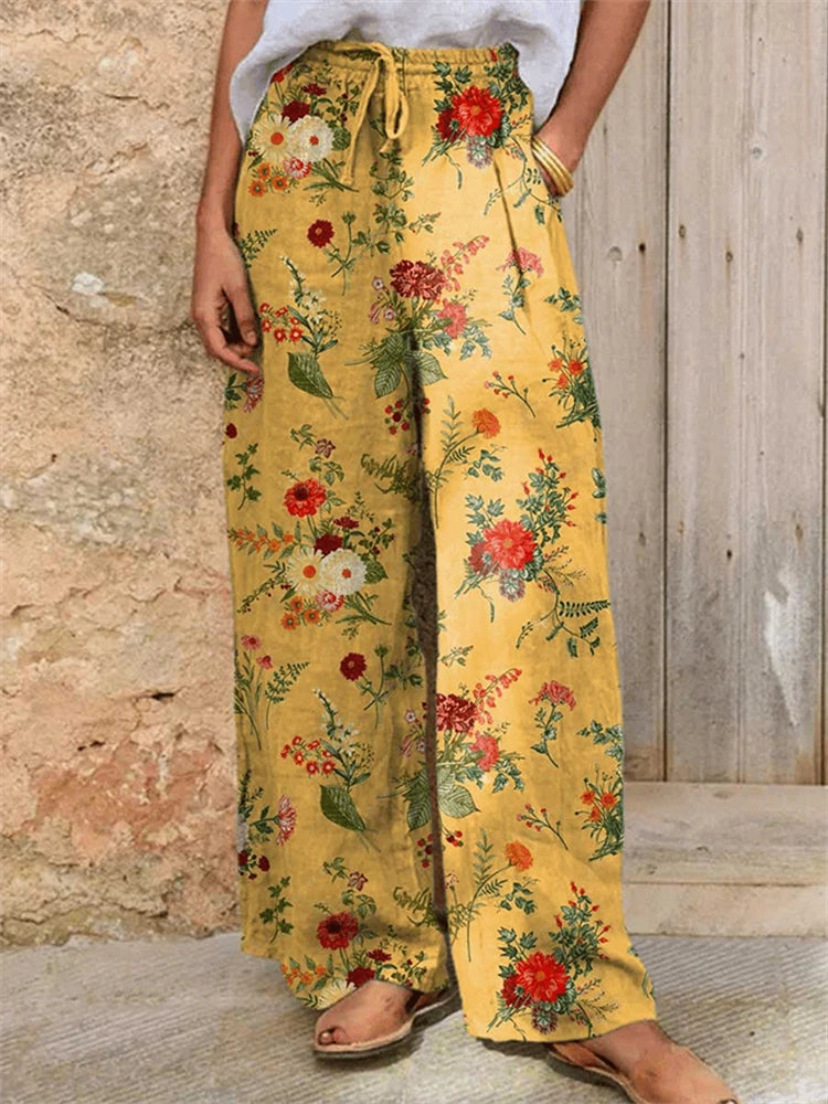 Outdoor Beach Resort Style Collection Women's Floral Print Wide-Leg Pants Relaxed Drawstring Design Casual Comfort Trousers