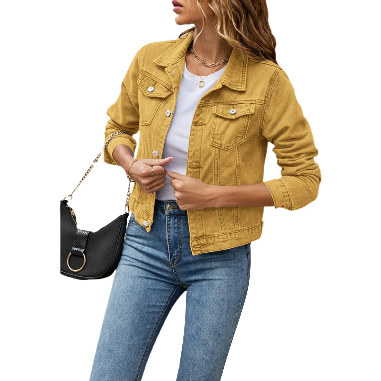 Women’s Casual Denim Jacket – Slim Fit Long Sleeve Jean Jacket with Hood & Chest Pockets, Button Down Fall Winter Coat