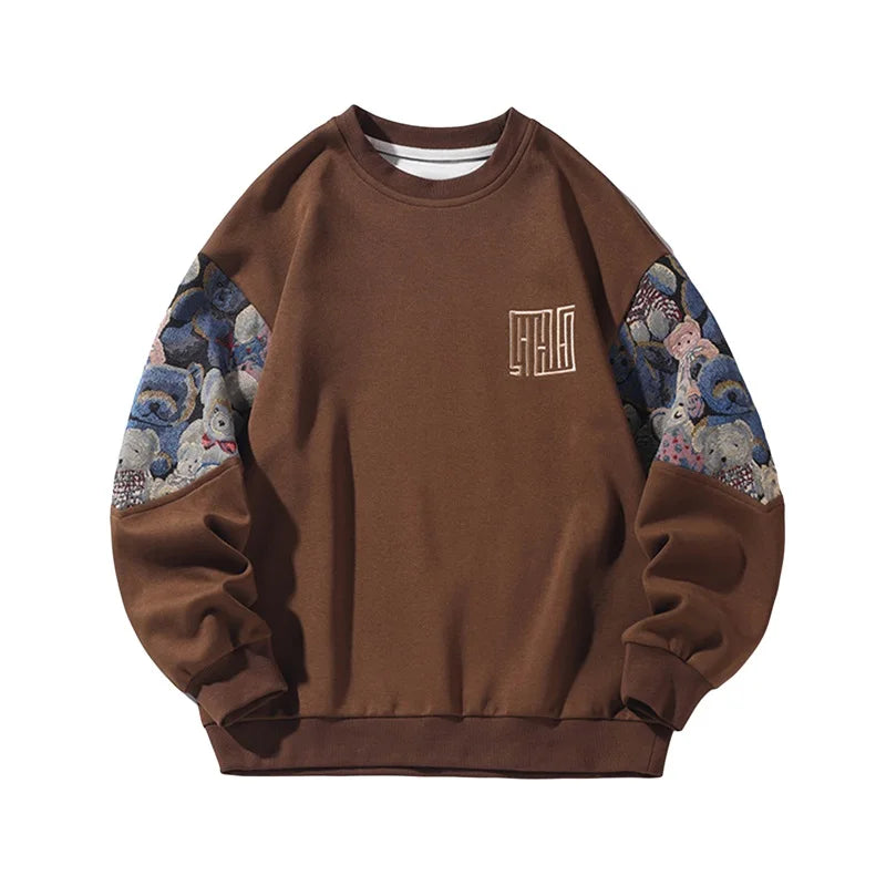 Men s Spring Autumn Loose Pullover Long Sleeve Crewneck Bear Embroidery Casual Sweatshirt