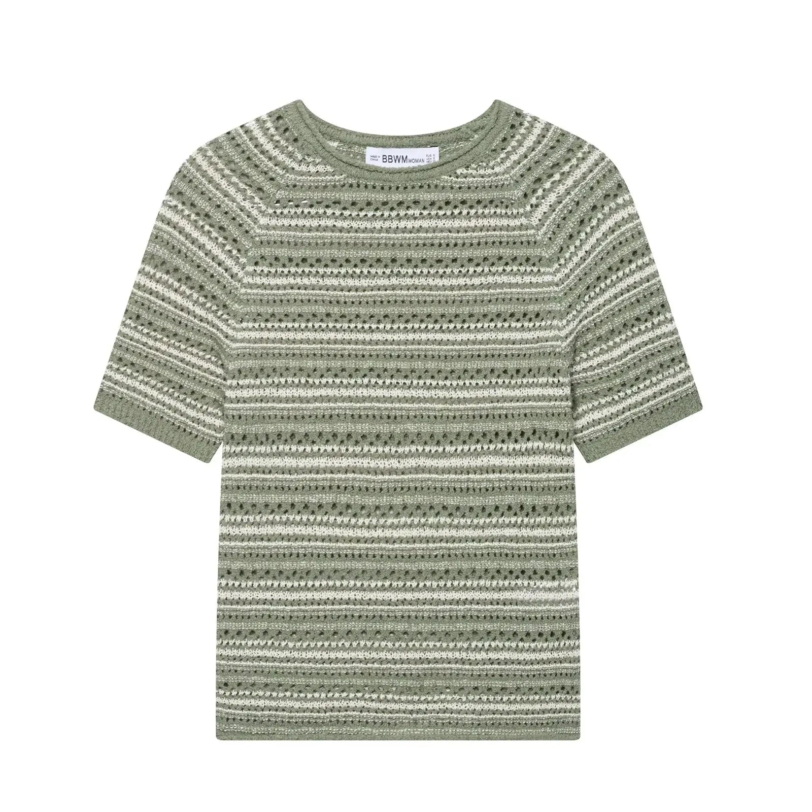 JNLEAOG Spring New Women's Knitted ort Sve Striped Structure Sense Top Linen Material Loose Fit round Ne Regular Length