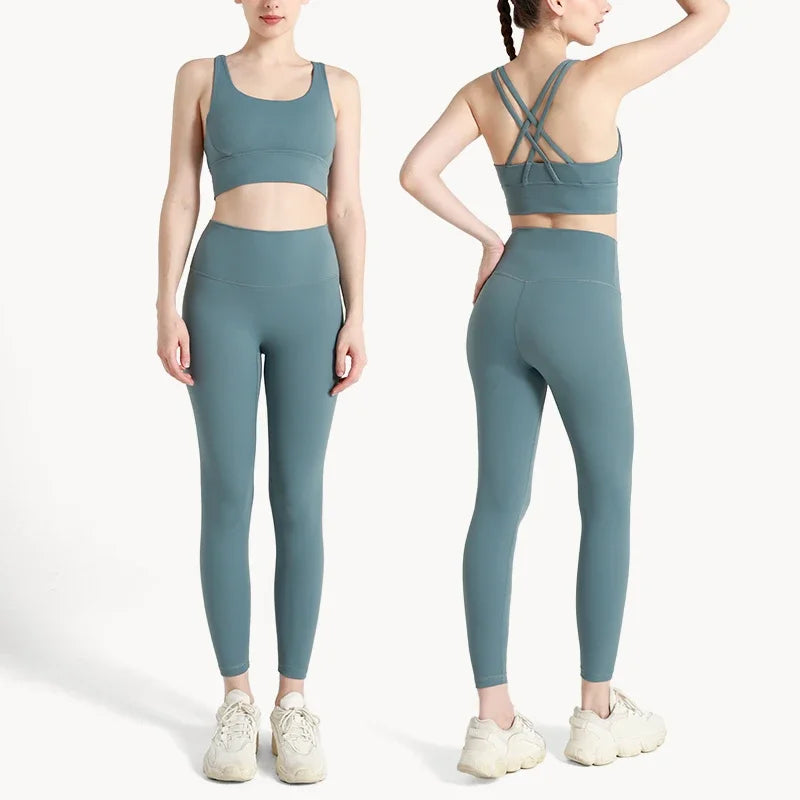 Summer Women’s 2 Piece Yoga Set – Cross Back Sports Bra & High Waist Leggings, Breathable Nylon Gym Workout Outfit