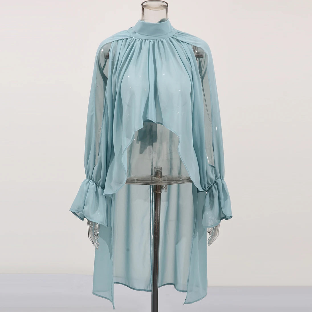 Solid Irregular Shirts For Women High Neck Drop Sleeves Spliced Flods Temperament Shirt Female Fashion Clothing New