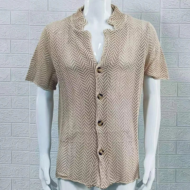 Summer Hollow Knitted Sweater Men's Solid Color Slim-fitting Lapel Short-sleeved Knitted Top Fashion Men's Clothing