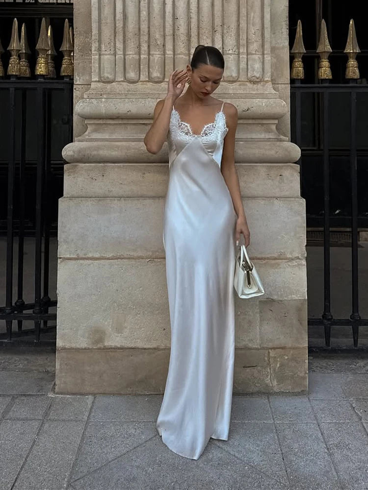 Lace Patchwork Sling Maxi Dress Women Sexy Solid V-neck Sleeveless Backless Satin Slim Long Gown Lady Chic Evening Party Dresses