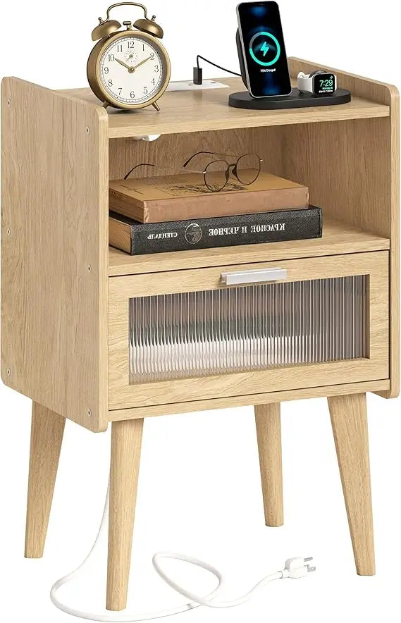 Nightstand with Charging Station, Bedside Tables with Glass Decorative Door, Natural End Table, Side Table with 2 Tiers Storage