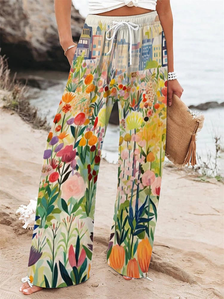 Outdoor Beach Resort Style Collection Women's Floral Print Wide-Leg Pants Relaxed Drawstring Design Casual Comfort Trousers