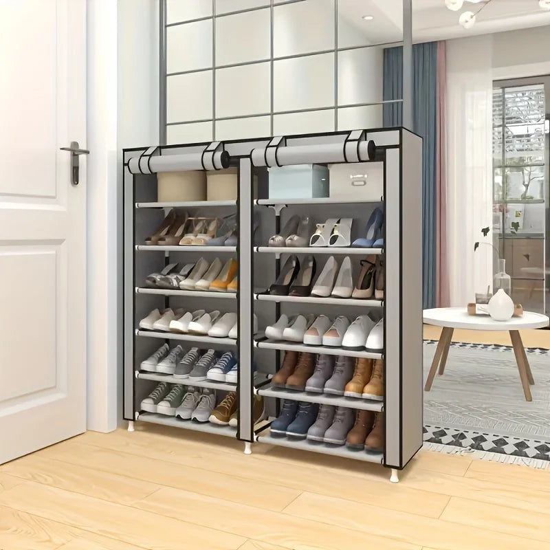 6-layer double row shoe rack with dust cover, easy to assemble and store shoes, black plastic design, 12 grid storage rack