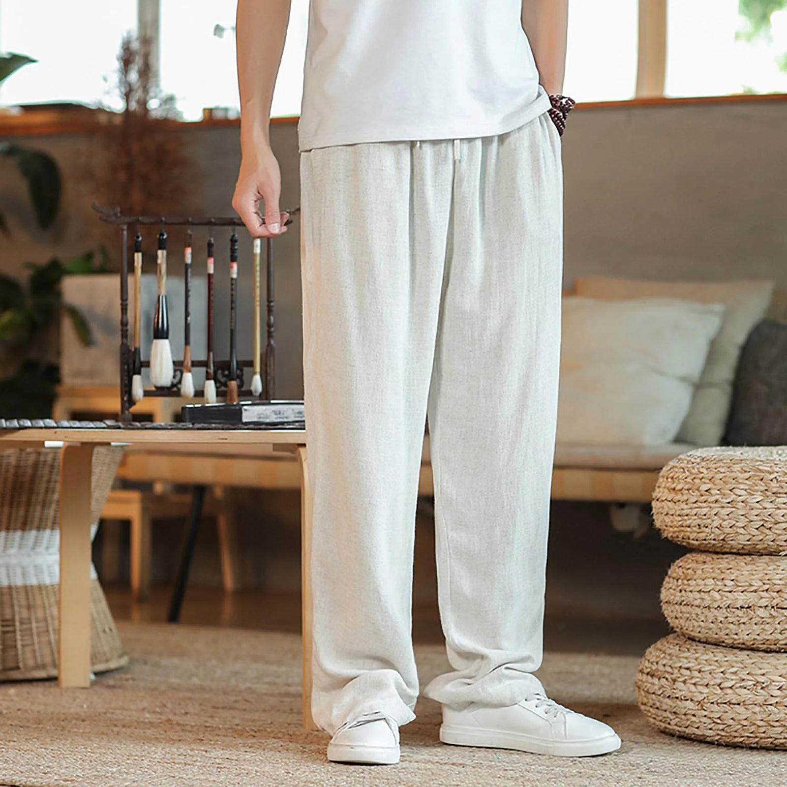 Summer Spring Cotton Linen Men Pants Japan Style Large Size Wide Leg Pants Oversized Loose Casual Trousers Black Male Pants