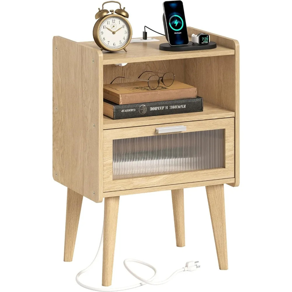 Nightstand with Charging Station, Bedside Tables with Glass Decorative Door, Natural End Table, Side Table with 2 Tiers Storage
