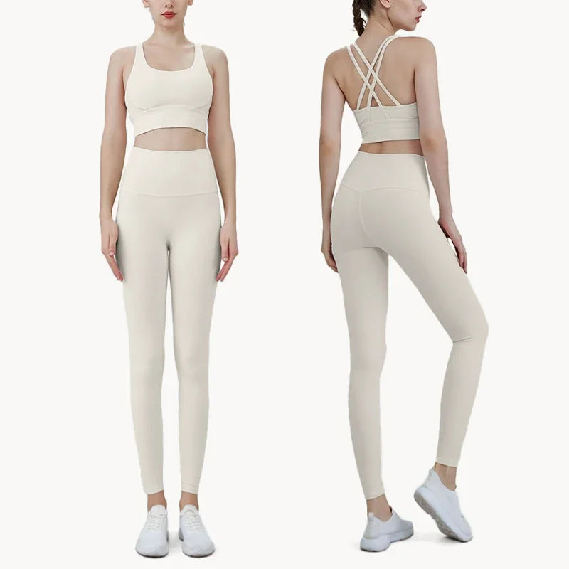 Summer Women’s 2 Piece Yoga Set – Cross Back Sports Bra & High Waist Leggings, Breathable Nylon Gym Workout Outfit