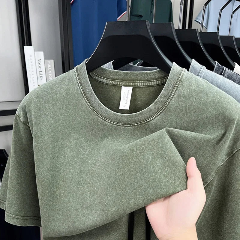 American Style Retro Heavyweight Short Sleeve T-Shirt – Oversized Washed Solid Color Summer Streetwear for Men & Women
