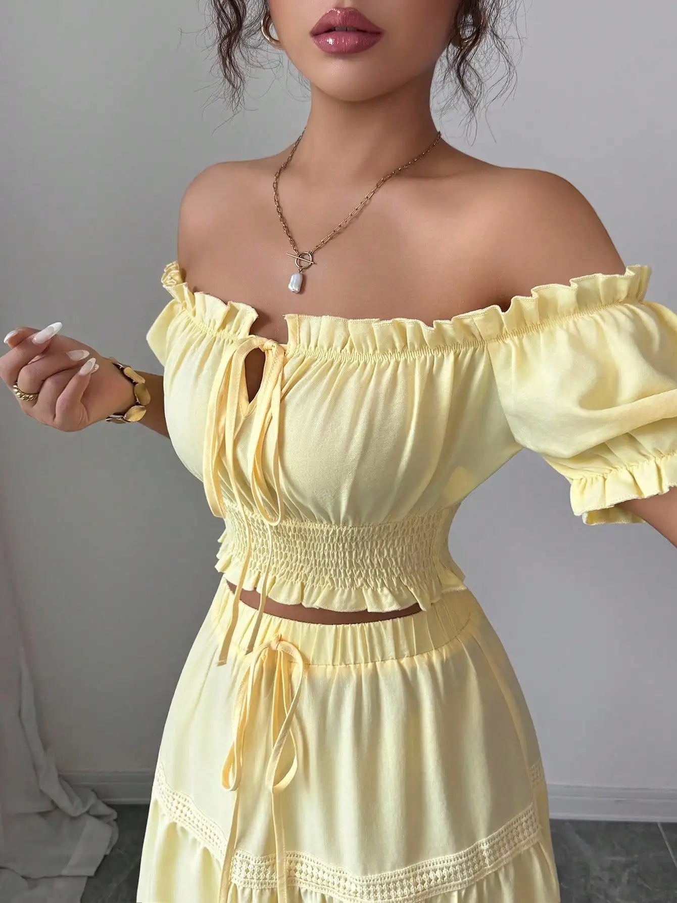 Yellow Off-Shoulder Puff Sleeve Crop Top & Tiered Skirt Set