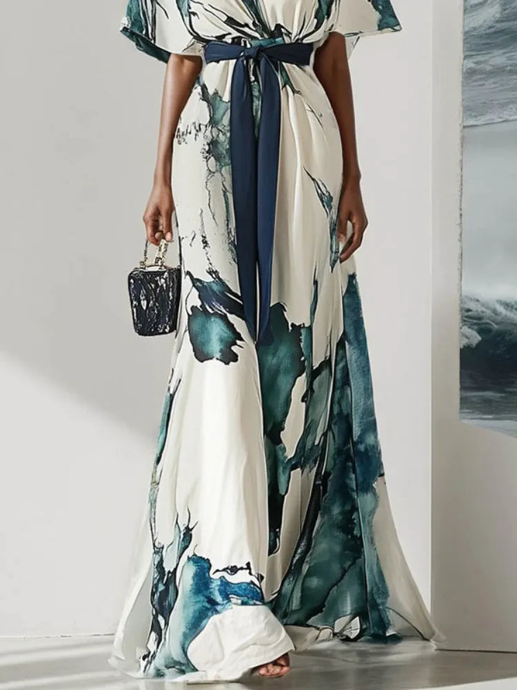 Freeacy Watercolor Printed Elegant Maxi Dress for Women 2025 Summer V-neck Lace-up Waist Batwing Sleeves Pleated Party Dresses