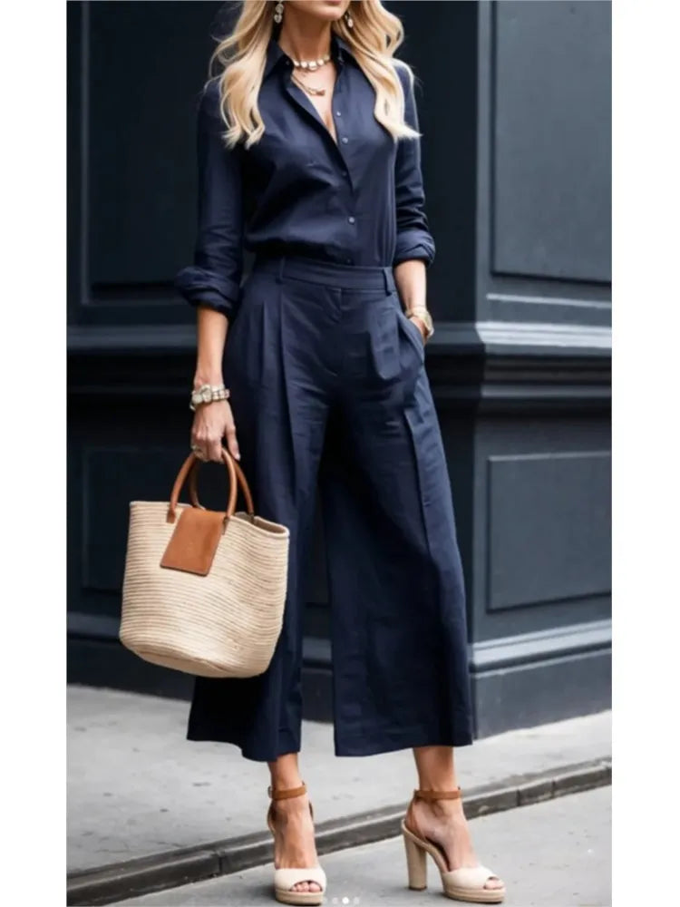 New Fashion Casual Commuting Cardigan Long-sleeved Top Wide-leg Trousers Two-piece Set Women's Elegant Solid Color Trousers Set
