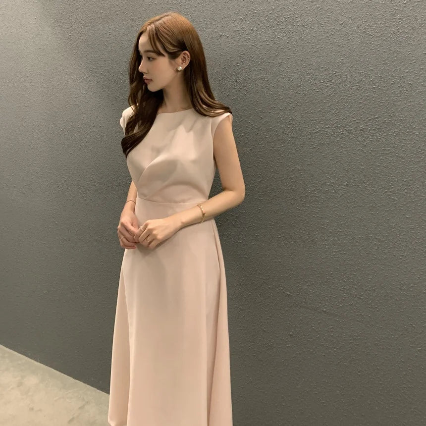 Ele Chic Summer round Ne Pleated Waist Cinching A-Line Svel Vest Dr Long Dr Commute Sle Regular Fit Mediu...