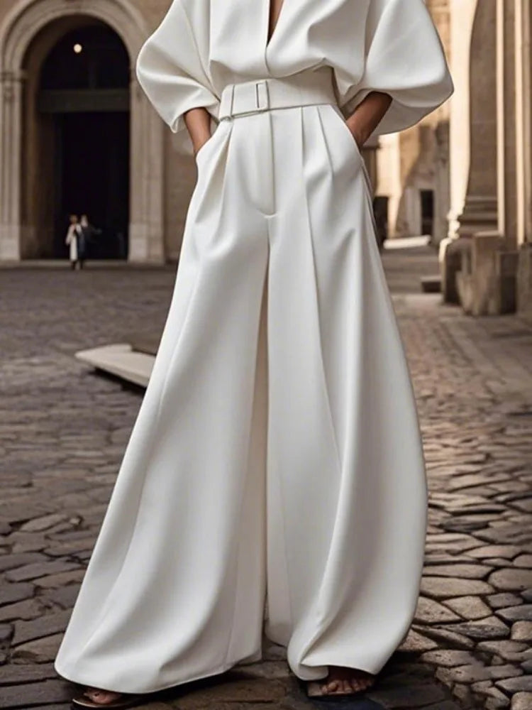 Yeezzi Women's White Wide Leg Jumpsuit With Belt 2025 New Half Sleeves Loose Deep V-Neck Elastic High Waist Elegant Jumpsuits