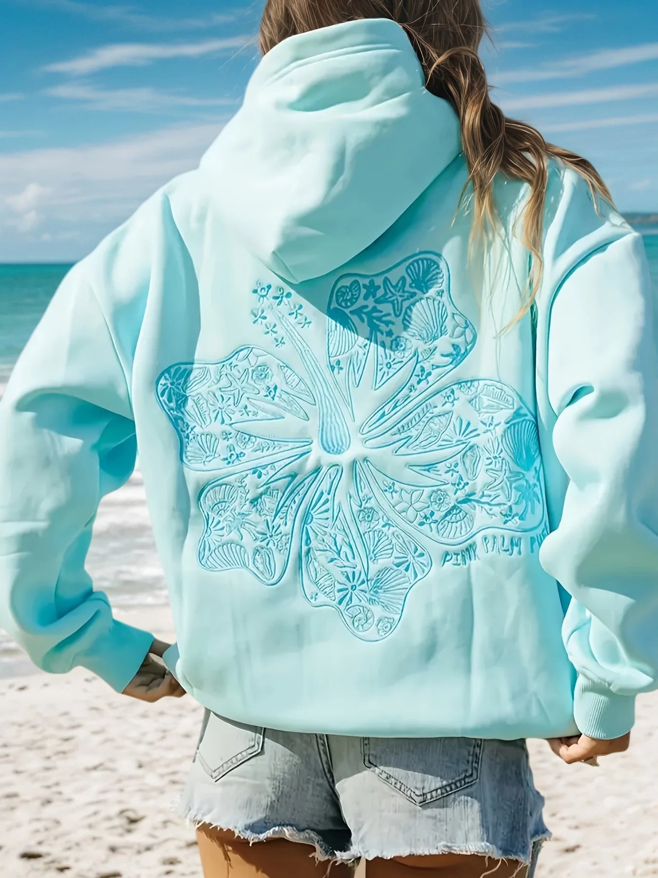 New Women's and Youth Tropical Flower Island Hoodie - Light Grey with Pink Flower Print - Daily Street Wear - Four Seasons Women