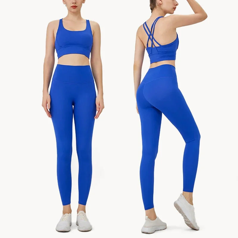 Summer Women’s 2 Piece Yoga Set – Cross Back Sports Bra & High Waist Leggings, Breathable Nylon Gym Workout Outfit