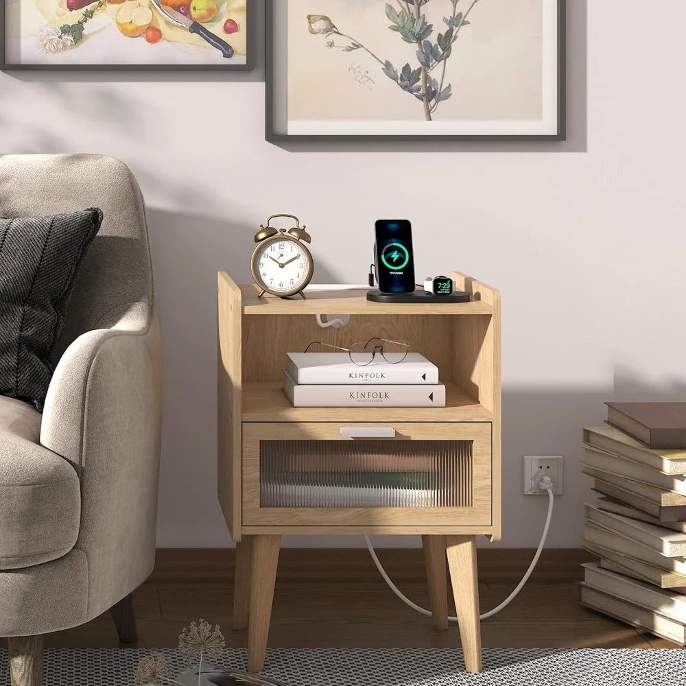 Nightstand with Charging Station, Bedside Tables with Glass Decorative Door, Natural End Table, Side Table with 2 Tiers Storage