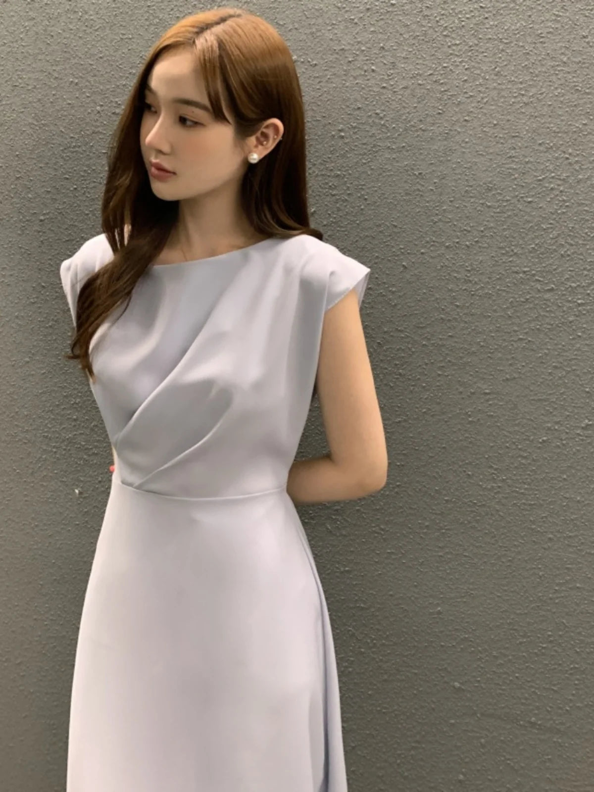 Ele Chic Summer round Ne Pleated Waist Cinching A-Line Svel Vest Dr Long Dr Commute Sle Regular Fit Mediu...