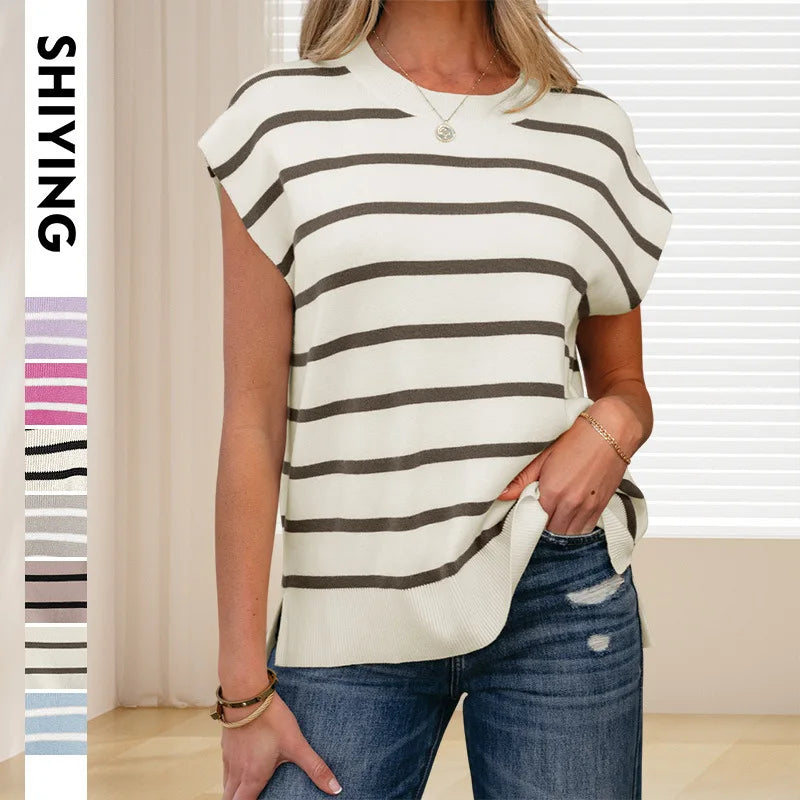Summer New Women's Fashion Striped Side Split Short Sleeve Knitted T-shirt Casual Comfortable Viscose Fiber round Neck Top
