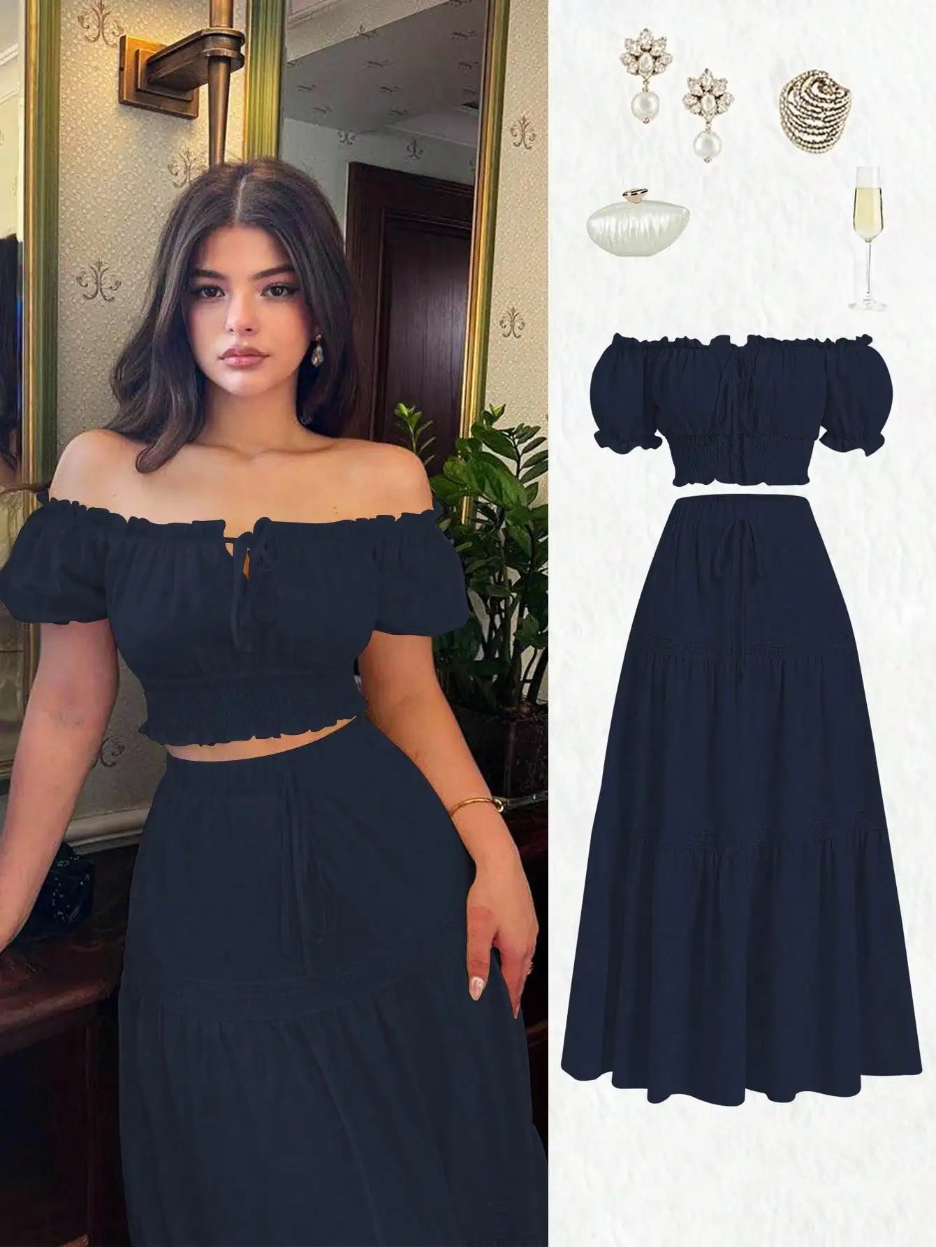 Yellow Off-Shoulder Puff Sleeve Crop Top & Tiered Skirt Set