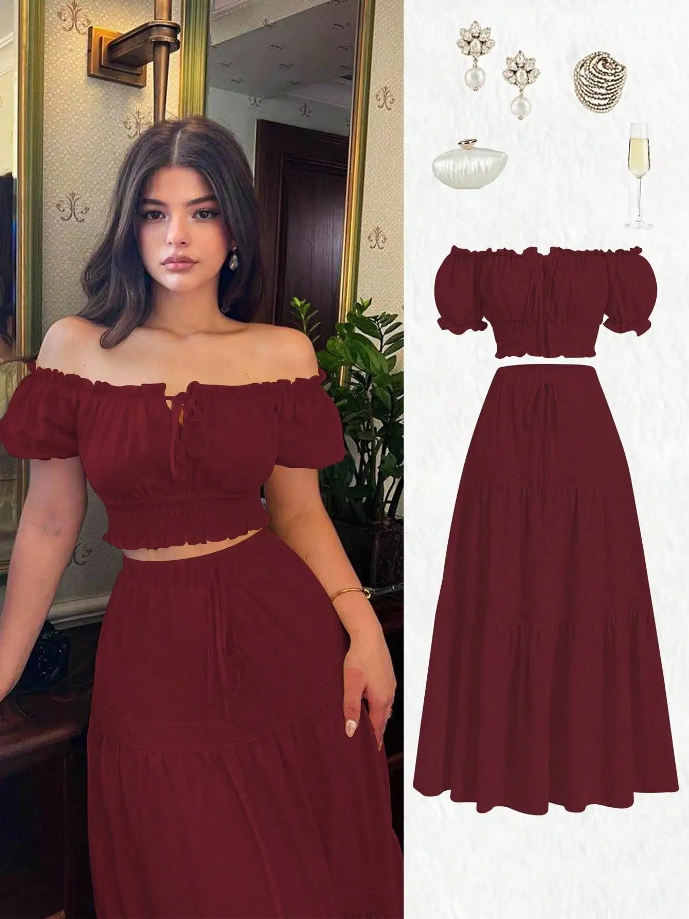 Yellow Off-Shoulder Puff Sleeve Crop Top & Tiered Skirt Set