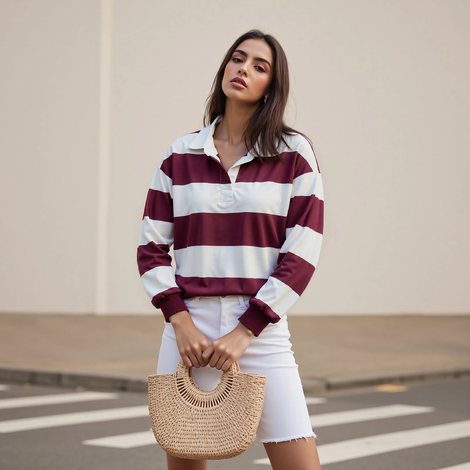 Women s Long Sleeve Striped T-shirt with Turn-down Collar Loose Fit Casual Top for Fall Streetwear Fashion for Ladies