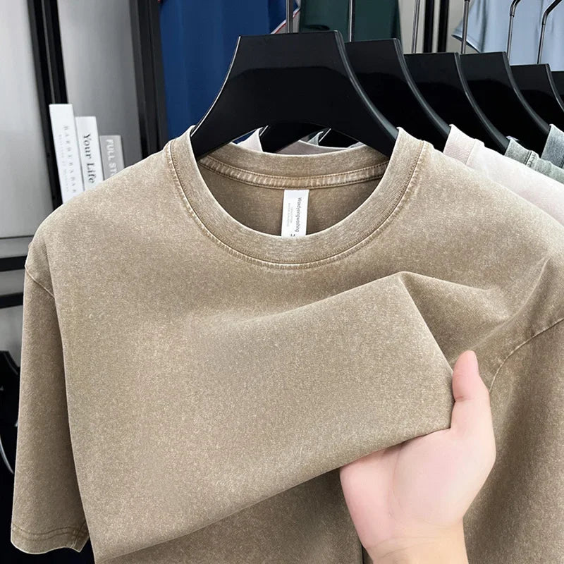 American Style Retro Heavyweight Short Sleeve T-Shirt – Oversized Washed Solid Color Summer Streetwear for Men & Women