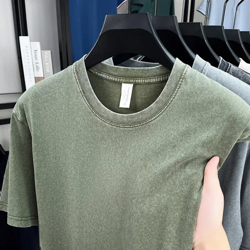 American Style Retro Heavyweight Short Sleeve T-Shirt – Oversized Washed Solid Color Summer Streetwear for Men & Women