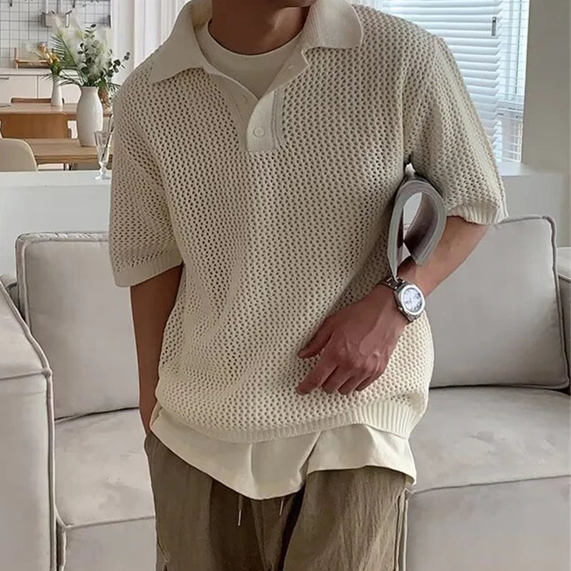 New Fashion Hollow Out Knit Polo Shirts Men Stylish Solid Color Short Sleeve Polo Neck Tops Mens Summer Casual Knitting Pullover
