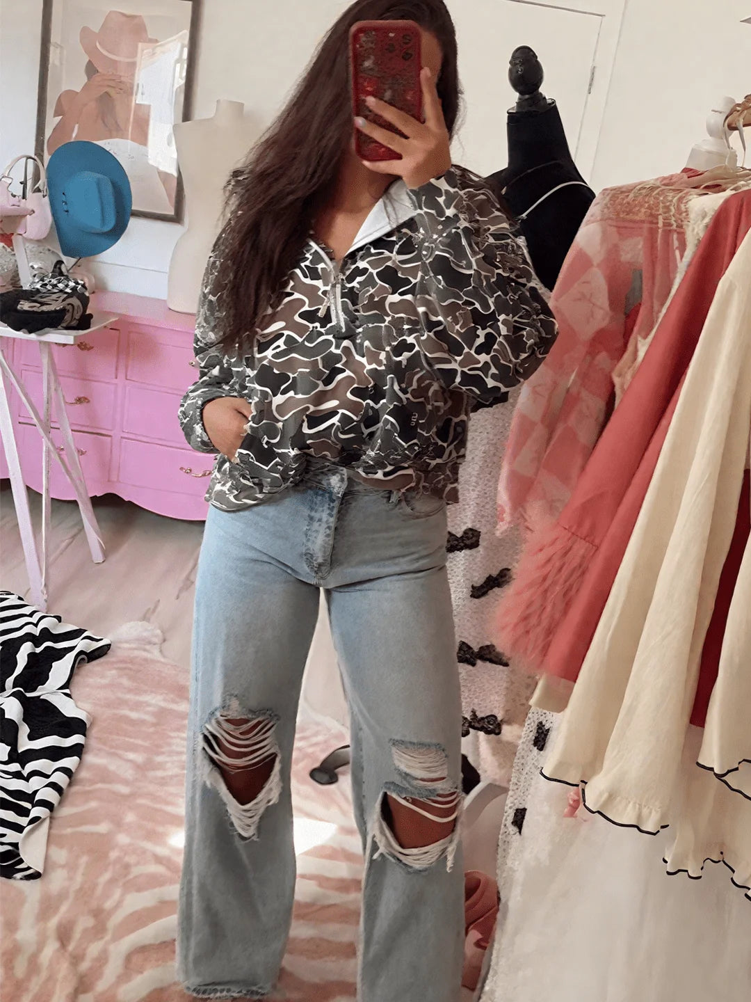 Y2k Zip Camo Hoodie Pullover Sweater for Women Oversized Colorful Patchwork Print Hoodies with Pockets