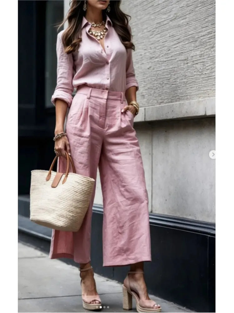 New Fashion Casual Commuting Cardigan Long-sleeved Top Wide-leg Trousers Two-piece Set Women's Elegant Solid Color Trousers Set