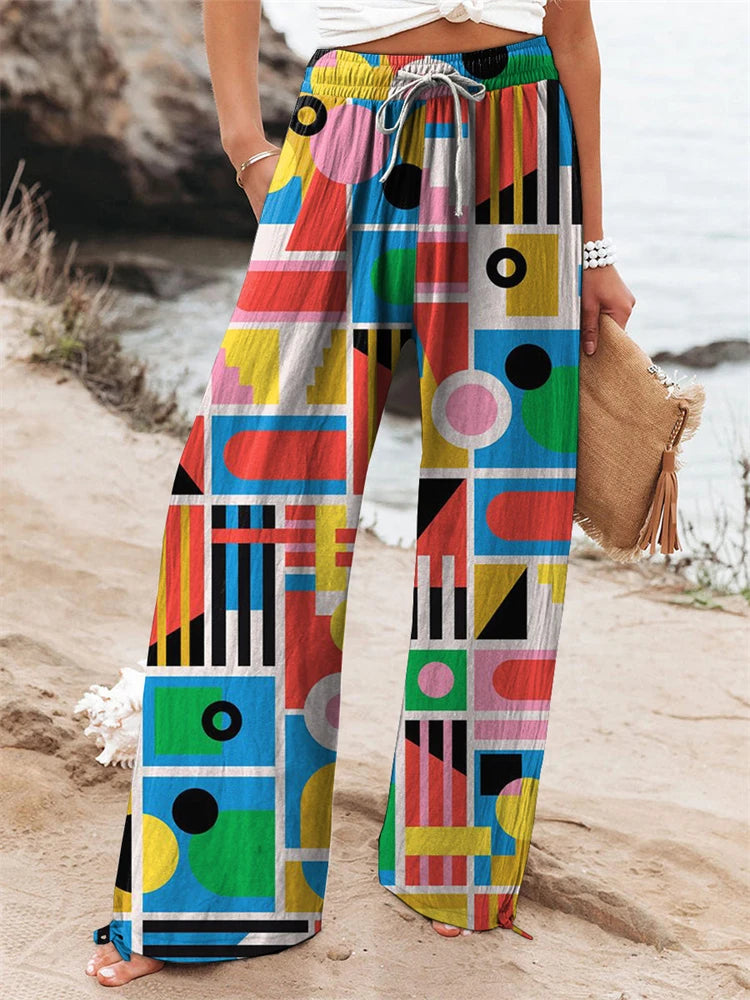 Outdoor Beach Resort Style Collection Women's Floral Print Wide-Leg Pants Relaxed Drawstring Design Casual Comfort Trousers