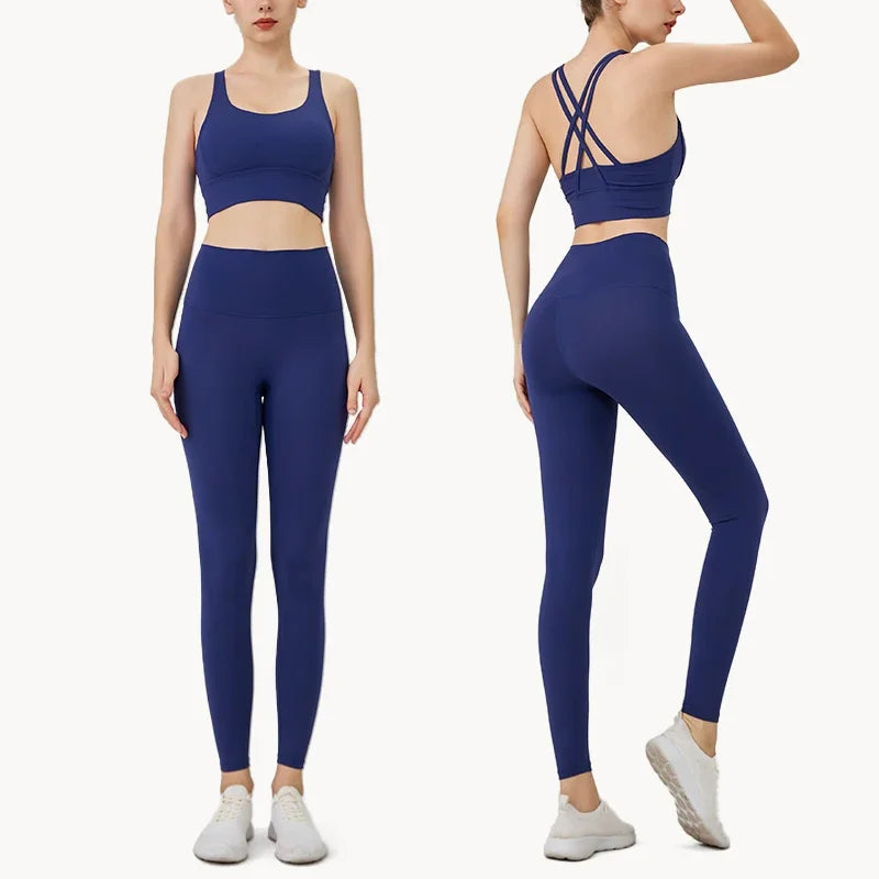Summer Women’s 2 Piece Yoga Set – Cross Back Sports Bra & High Waist Leggings, Breathable Nylon Gym Workout Outfit