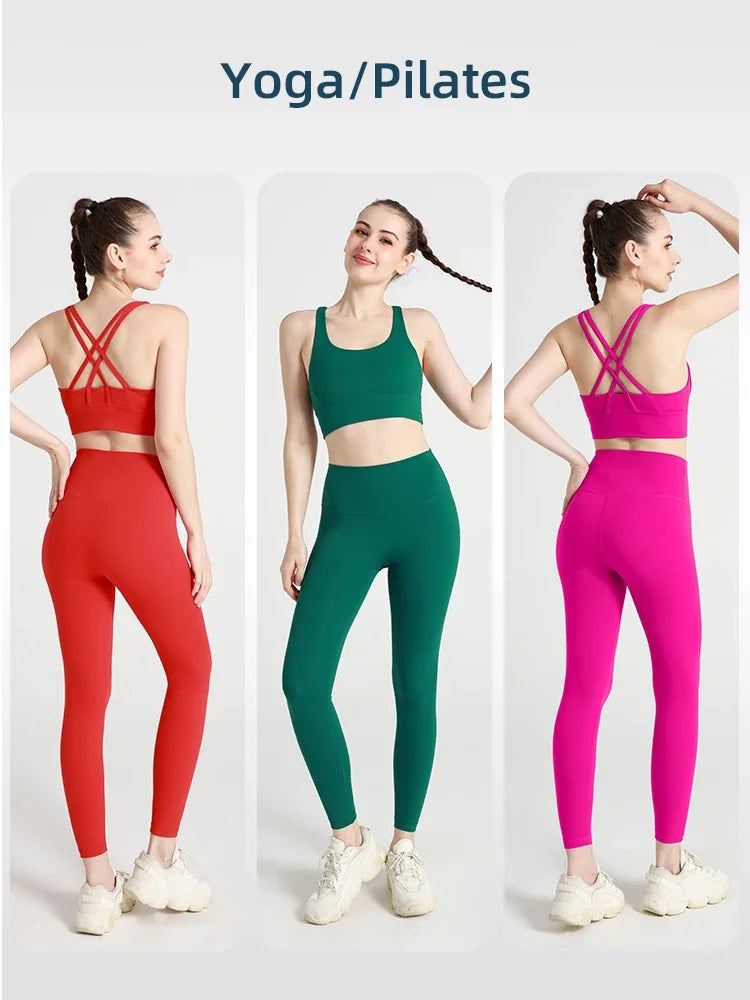 Summer Women’s 2 Piece Yoga Set – Cross Back Sports Bra & High Waist Leggings, Breathable Nylon Gym Workout Outfit