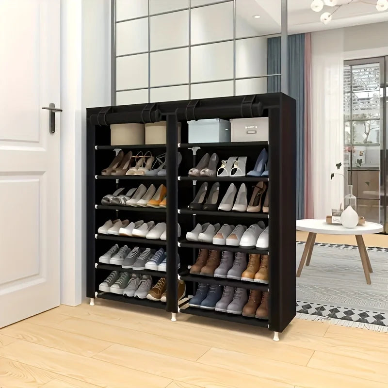 6-layer double row shoe rack with dust cover, easy to assemble and store shoes, black plastic design, 12 grid storage rack