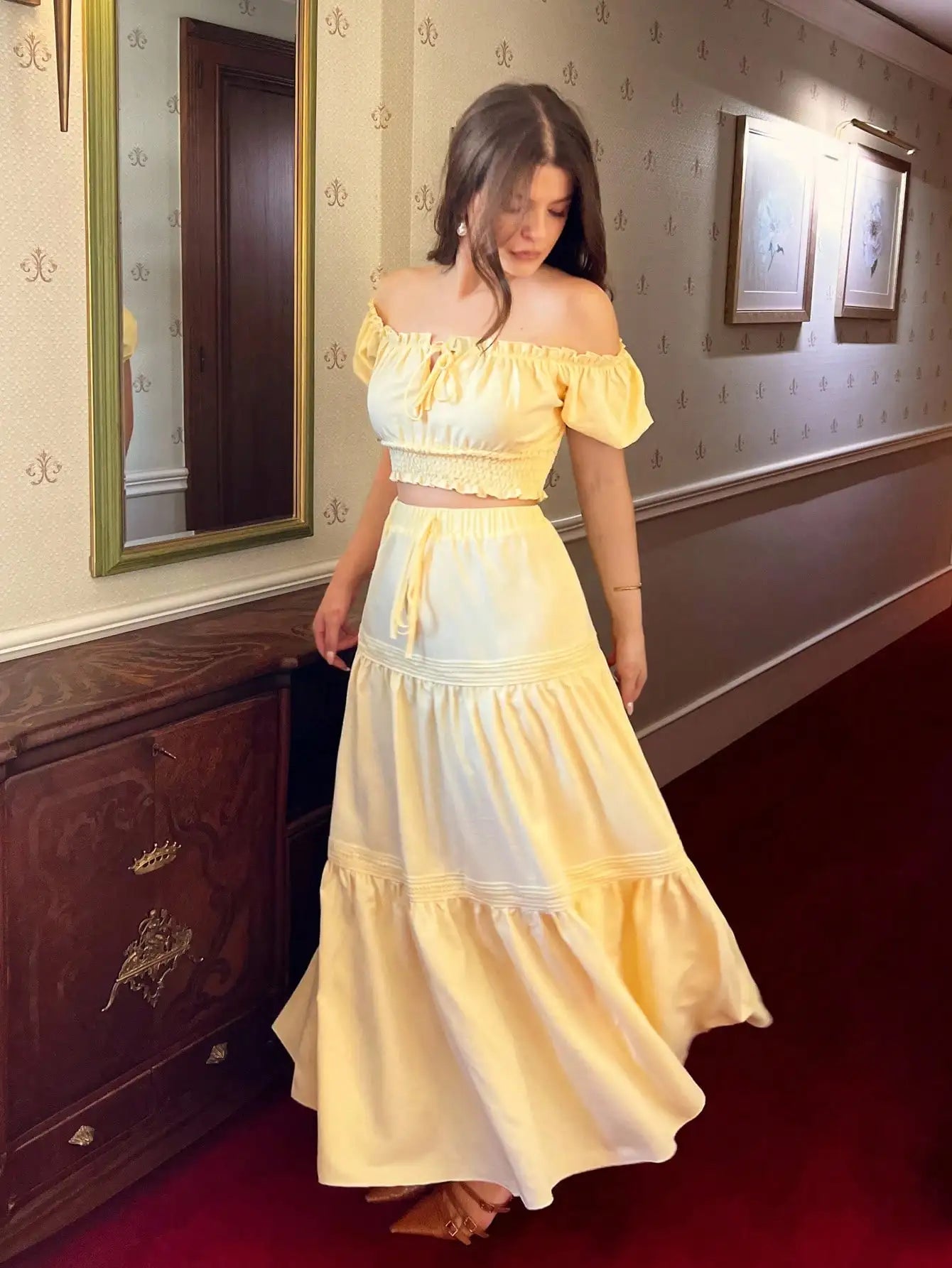 Yellow Off-Shoulder Puff Sleeve Crop Top & Tiered Skirt Set