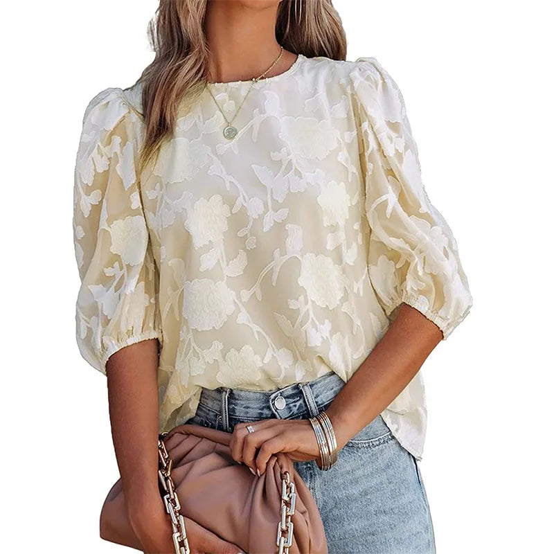 Women’s Puff Sleeve Chiffon Blouse – Floral Lace Trim Loose Fit Elegant Top, Boho Chic Spring Summer Tunic Shirt