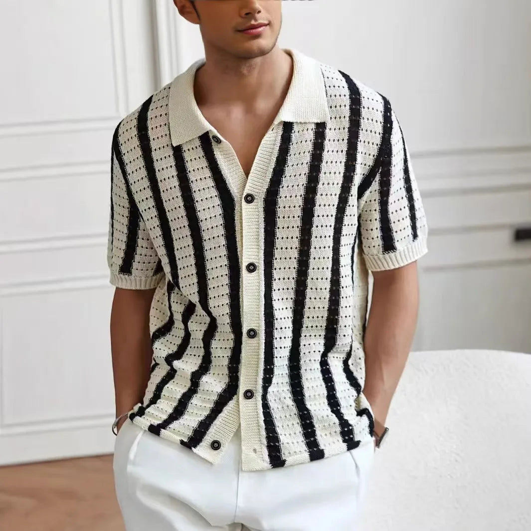 Summer New Men Knitted Shirt Lapel Casual Tees Shirts Business Social Striped Hollow Out Knit Cardigan Men Clothing Steetwear