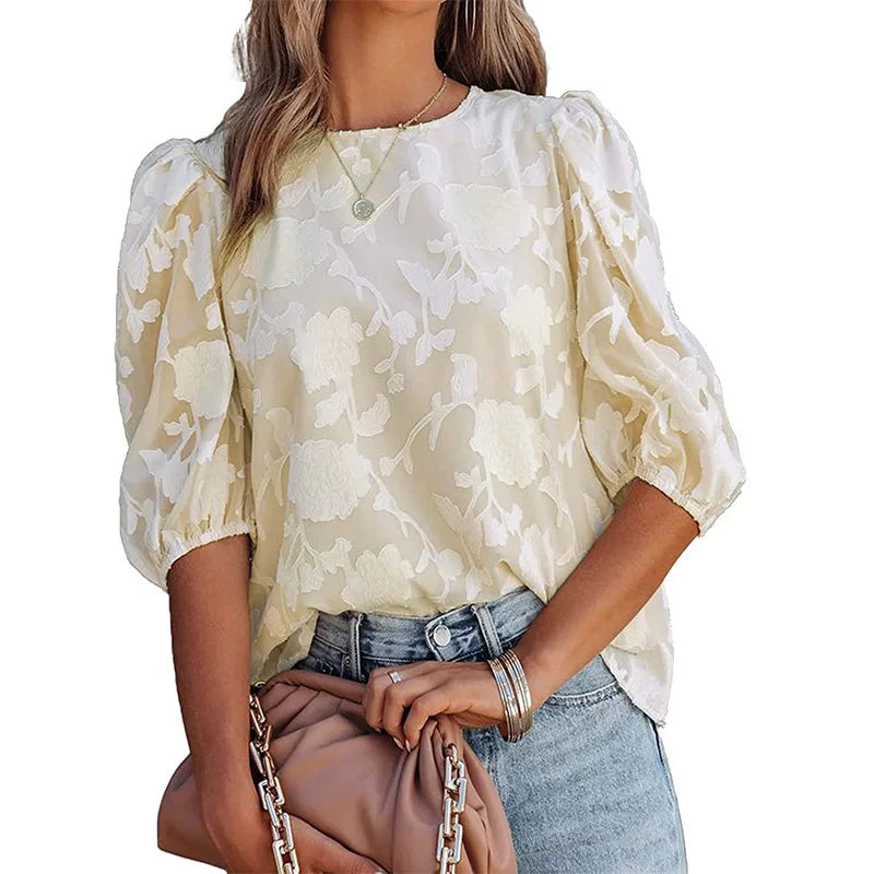 Women’s Puff Sleeve Chiffon Blouse – Floral Lace Trim Loose Fit Elegant Top, Boho Chic Spring Summer Tunic Shirt