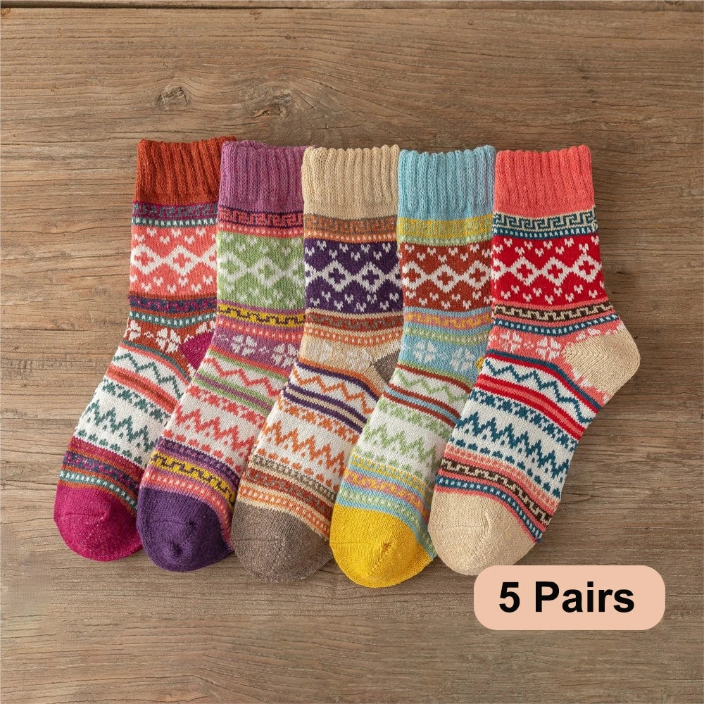 Women's Cozy Christmas Socks - 5 Pairs Vintage Winter Warm Thick Socks Gift Set