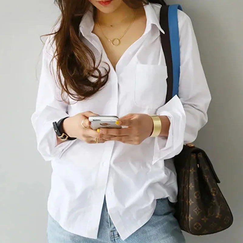 OL Style Tops Fashionable Commuting Style Long Sleeved Lapel White Shirt Elegant Office Lady Cotton Blouse Camisa Feminina 3496