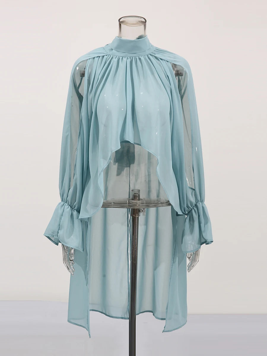 Solid Irregular Shirts For Women High Neck Drop Sleeves Spliced Flods Temperament Shirt Female Fashion Clothing New