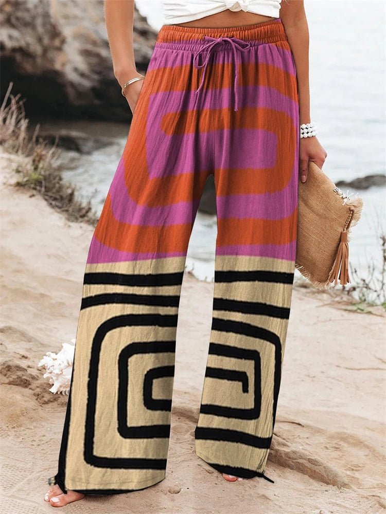 Outdoor Beach Resort Style Collection Women's Floral Print Wide-Leg Pants Relaxed Drawstring Design Casual Comfort Trousers